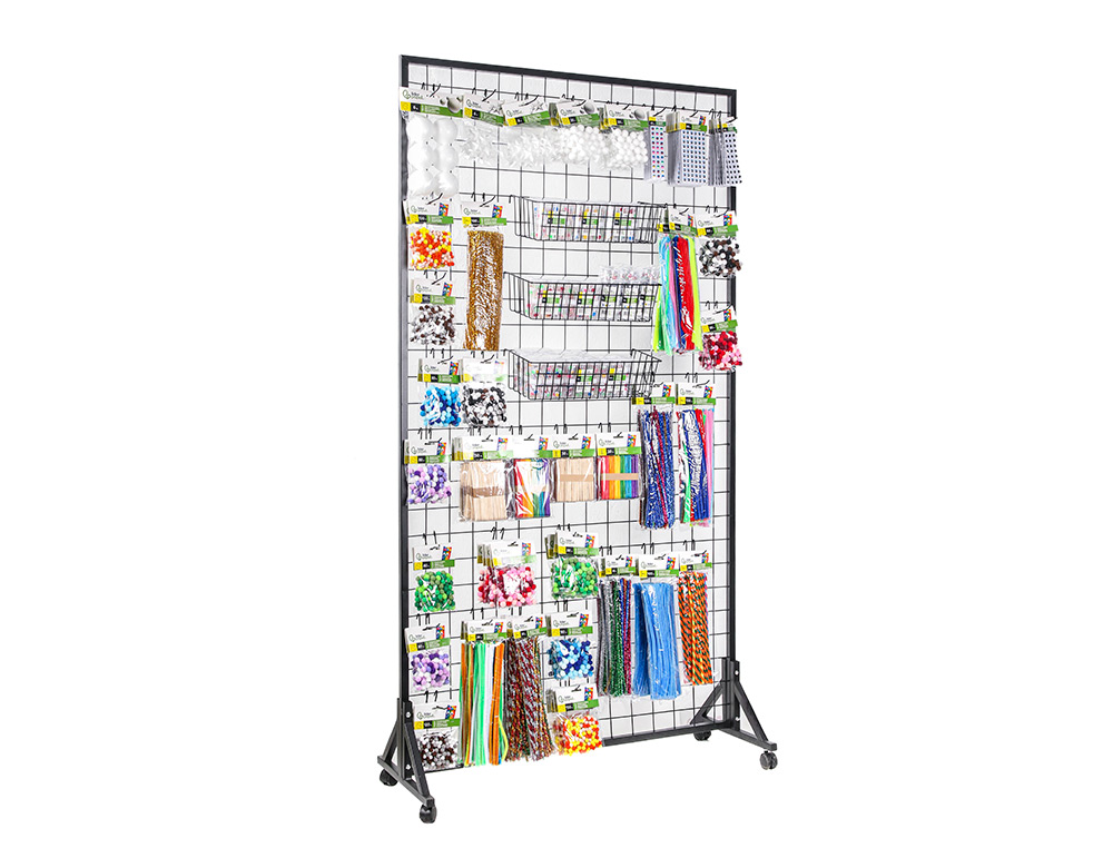 EXPOSITOR LIDERPAPEL METALICO PARA PRODUCTOS DE MANUALIDADES CON 373 UNIDADES SURTIDAS 40 GANCHOS Y 3 BANDEJAS