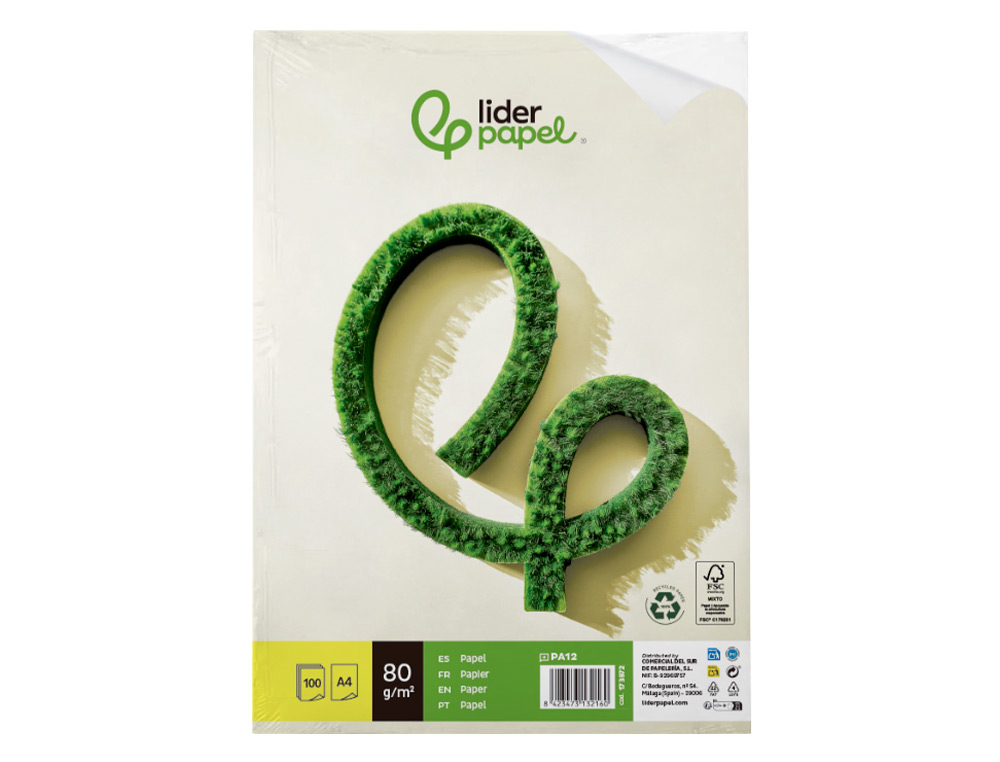 PAPEL LIDERPAPEL A4 80G/M2 RECICLADO LISO PAQUETE DE 100 HOJAS