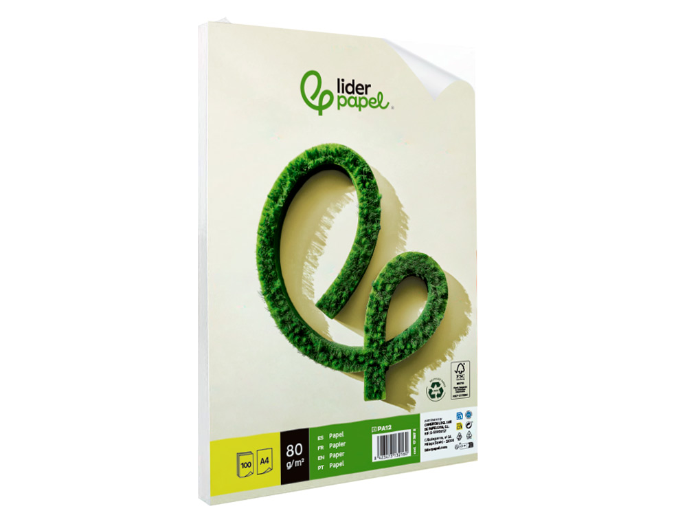 PAPEL LIDERPAPEL A4 80G/M2 RECICLADO LISO PAQUETE DE 100 HOJAS