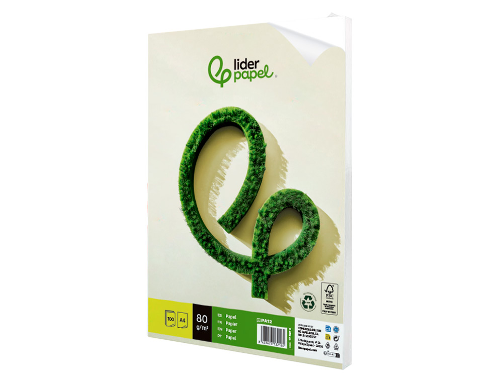 PAPEL LIDERPAPEL A4 80G/M2 RECICLADO LISO PAQUETE DE 100 HOJAS