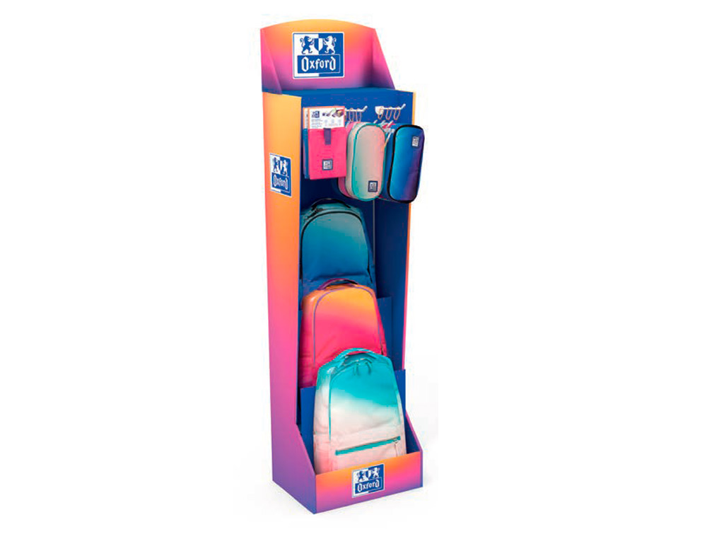 CONTENIDO 1/1 PARA EXPOSITOR OXFORD GRADIENT MOCHILAS + ESTUCHES PORTATODOS + BOLSAS ISOTERMICAS