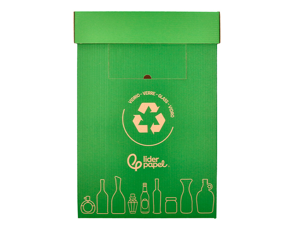 CONTENEDOR PAPELERA RECICLAJE LIDERPAPEL CARTON RECICLADO PARA VIDRIO 450X350X650 MM 70 LITROS VERDE