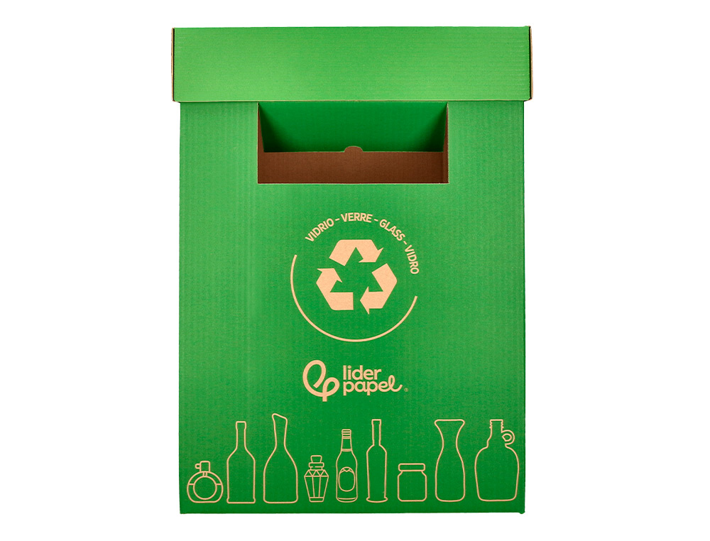 CONTENEDOR PAPELERA RECICLAJE LIDERPAPEL CARTON RECICLADO PARA VIDRIO 450X350X650 MM 70 LITROS VERDE