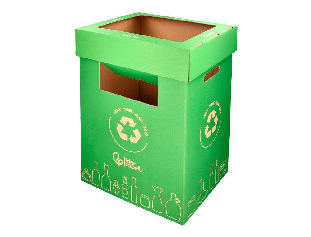 CONTENEDOR PAPELERA RECICLAJE LIDERPAPEL CARTON RECICLADO PARA VIDRIO 450X350X650 MM 70 LITROS VERDE