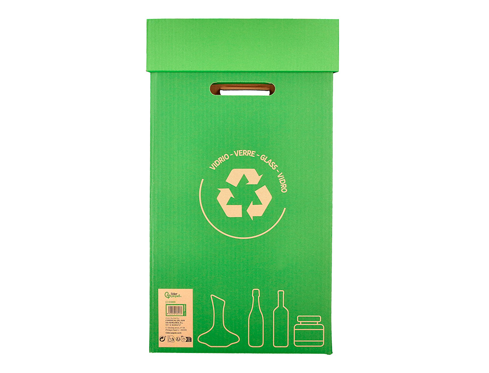 CONTENEDOR PAPELERA RECICLAJE LIDERPAPEL CARTON RECICLADO PARA VIDRIO 450X350X650 MM 70 LITROS VERDE