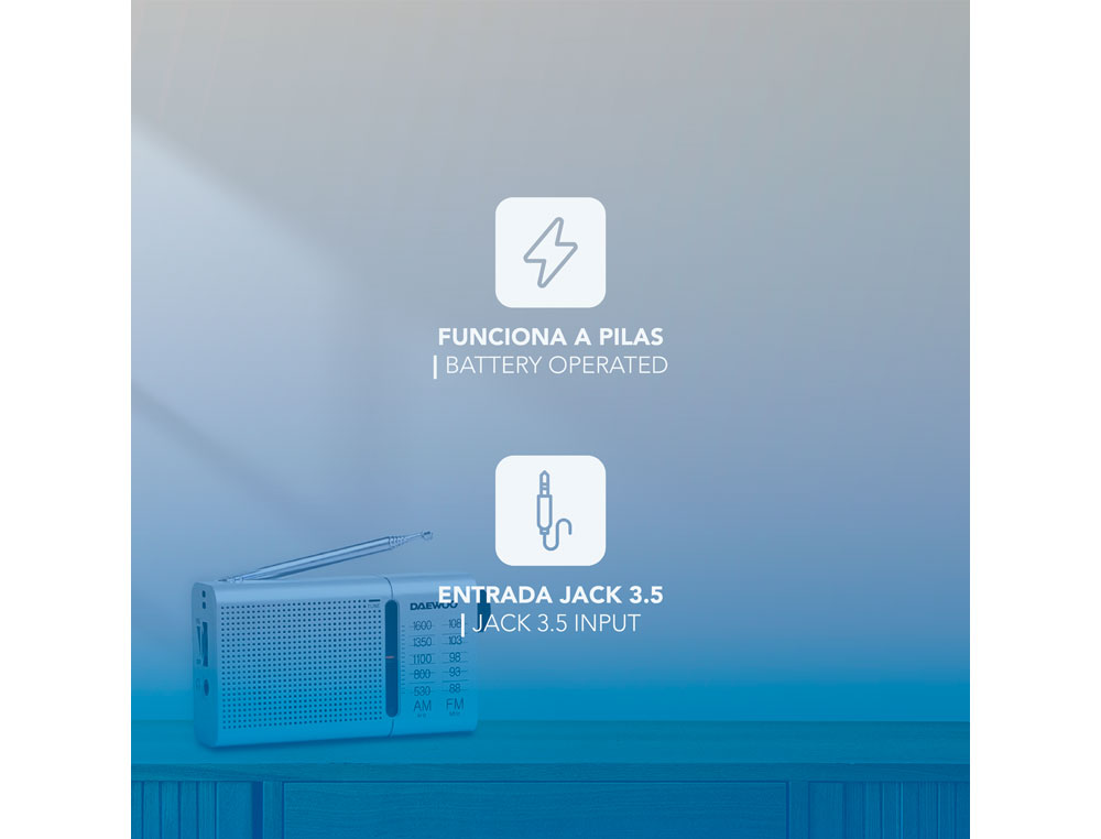 RADIO PORTATIL DAEWOO AM/FM ANTENA TELESCOPICA AURICULARES INCLUIDOS JACK 3.5 MM COLOR PLATA