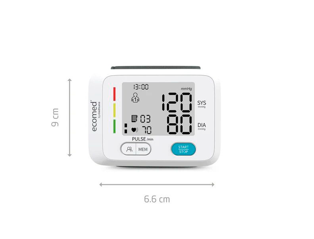 TENSIOMETRO DE MUECA MEDISANA ECOMED AUTOMATICO CON MEMORIA DUAL Y DETECTOR DE ARRITMIAS