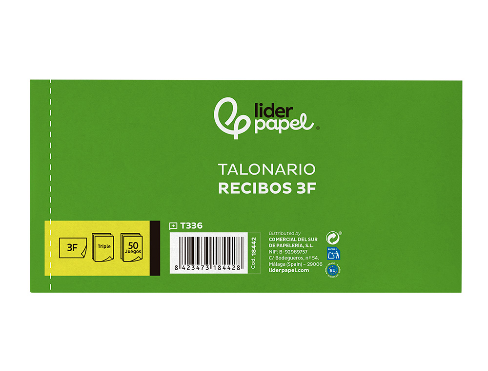 TALONARIO LIDERPAPEL RECIBOS 3/Fº APAISADO ORIGINAL Y 2 COPIAS SIN MATRIZ
