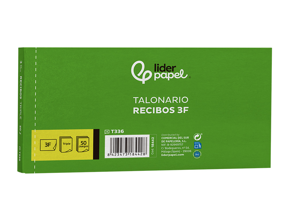 TALONARIO LIDERPAPEL RECIBOS 3/Fº APAISADO ORIGINAL Y 2 COPIAS SIN MATRIZ