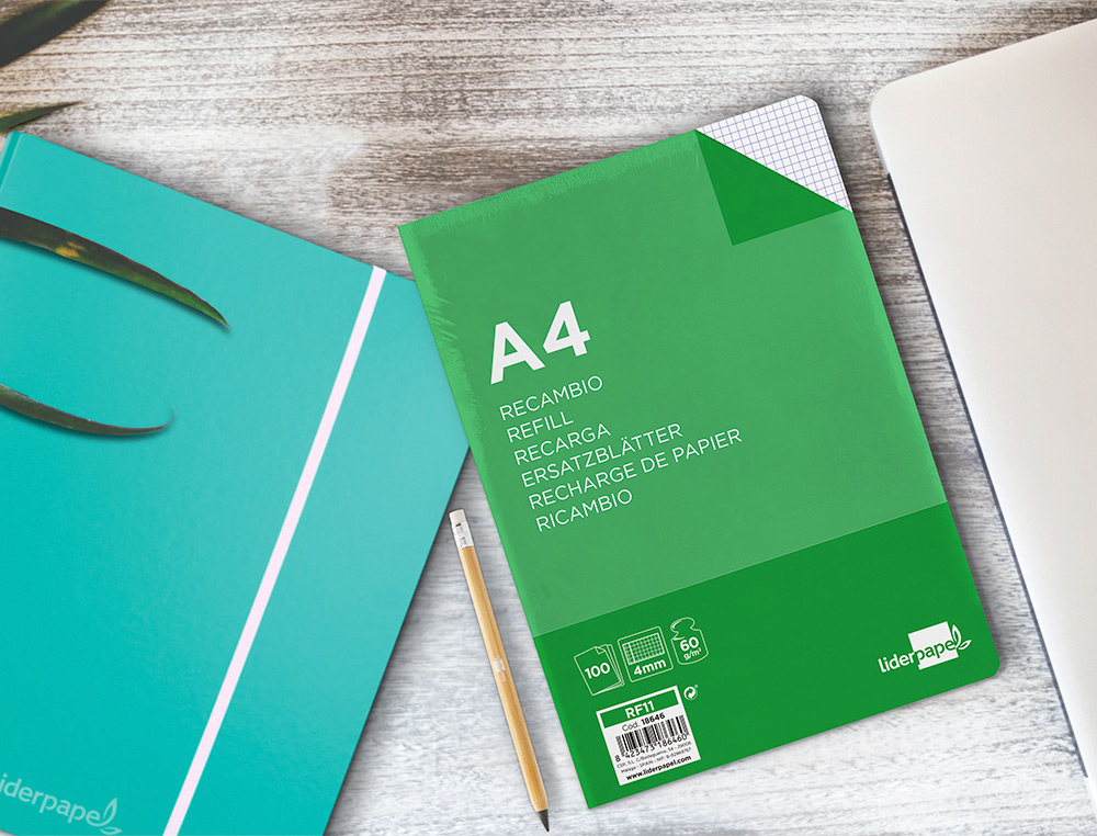 RECAMBIO LIDERPAPEL A4 100 HOJAS 60G/M2 CUADRO 4 MM CON MARGEN 16 TALADROS