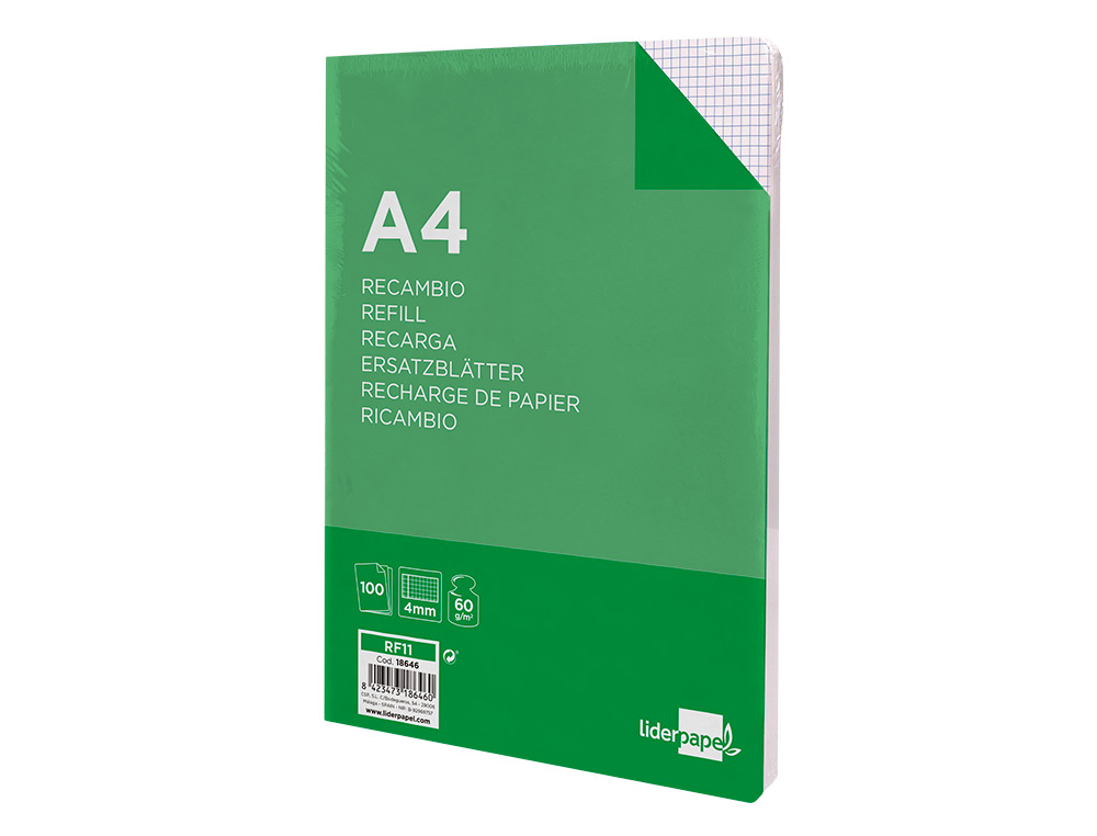 RECAMBIO LIDERPAPEL A4 100 HOJAS 60G/M2 CUADRO 4 MM CON MARGEN 16 TALADROS