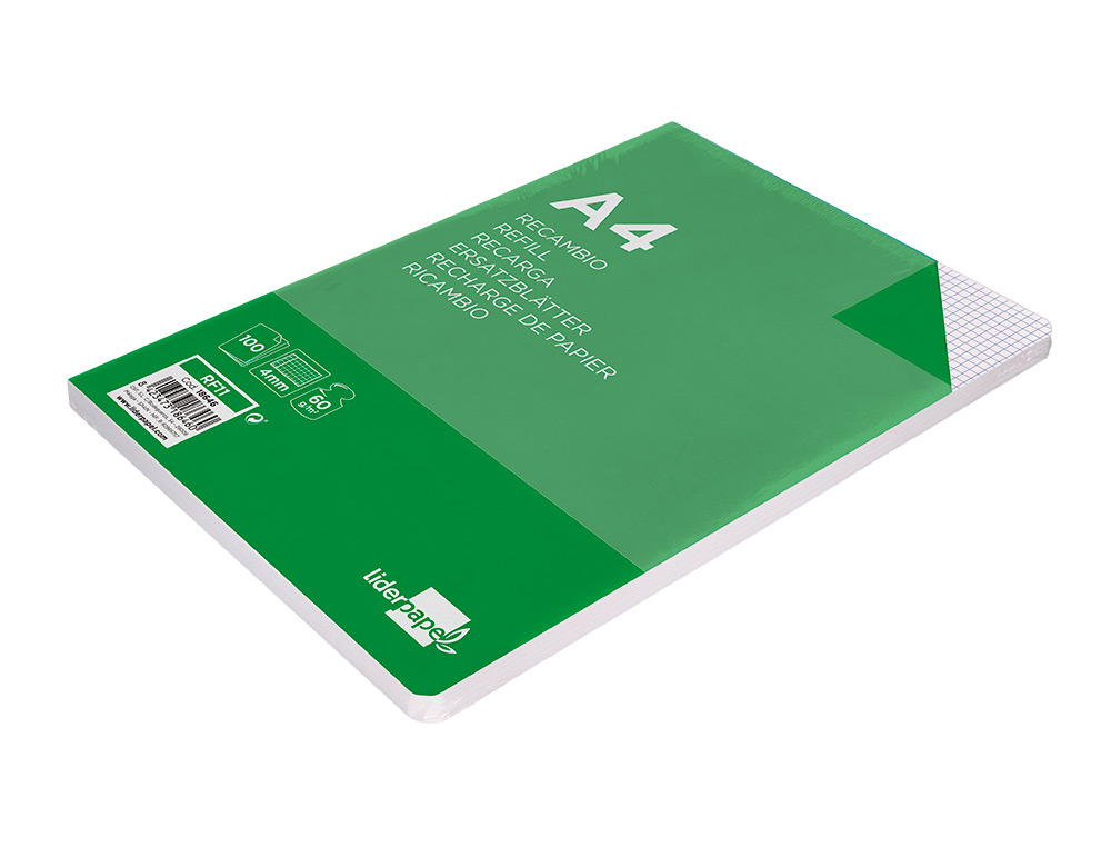 RECAMBIO LIDERPAPEL A4 100 HOJAS 60G/M2 CUADRO 4 MM CON MARGEN 16 TALADROS