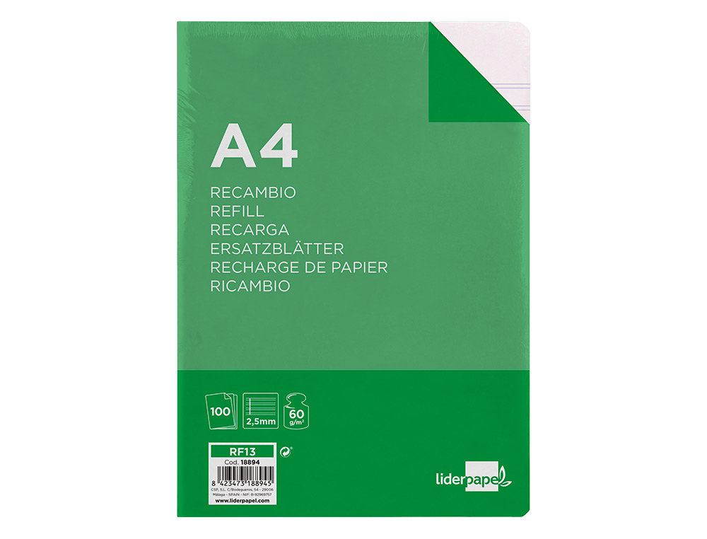 RECAMBIO LIDERPAPEL FOLIO 100 HOJAS 60G/M2 PAUTA 5ª 2.5MM CON MARGEN 16 TALADROS