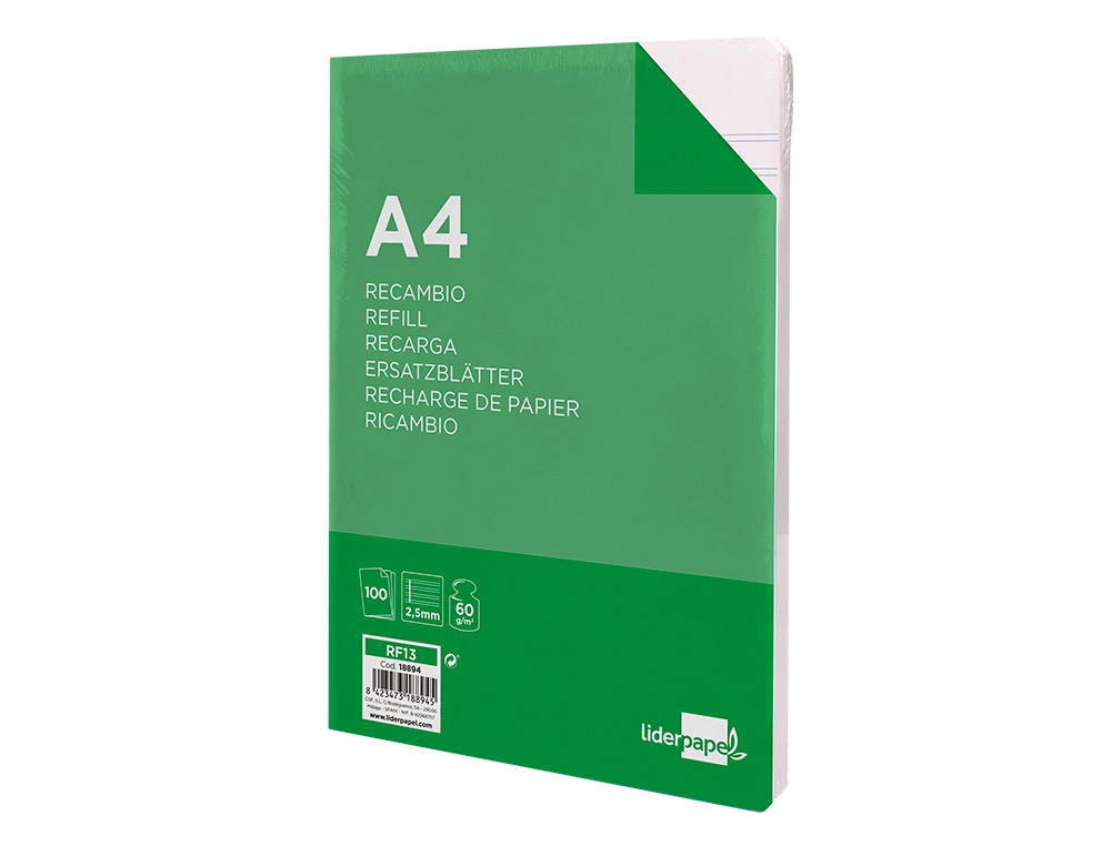 RECAMBIO LIDERPAPEL FOLIO 100 HOJAS 60G/M2 PAUTA 5ª 2.5MM CON MARGEN 16 TALADROS