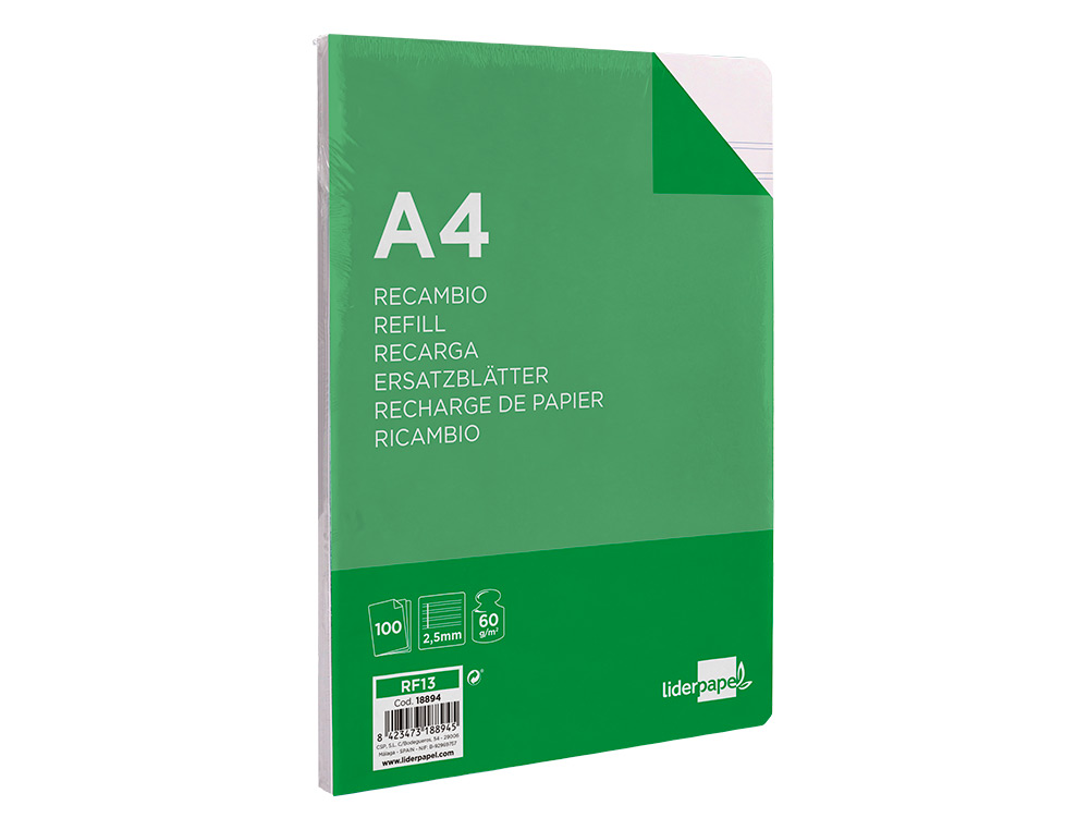 RECAMBIO LIDERPAPEL FOLIO 100 HOJAS 60G/M2 PAUTA 5ª 2.5MM CON MARGEN 16 TALADROS