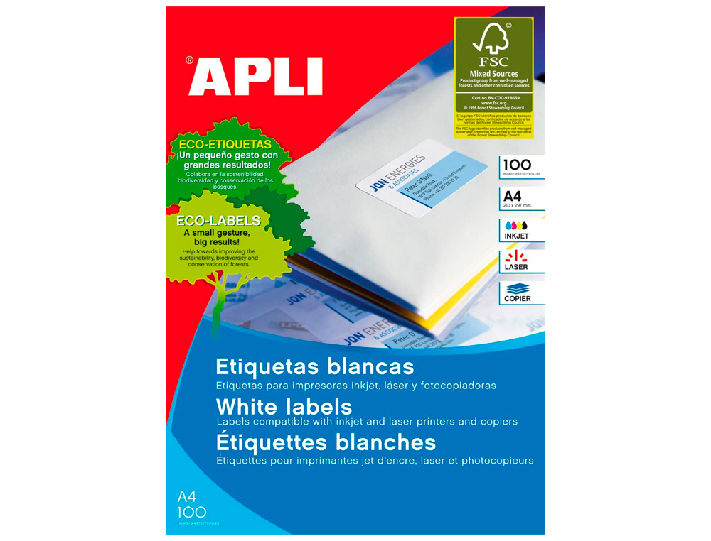 ETIQUETA ADHESIVA APLI 1263 TAMAÑO 64,6X33,8 MM FOTOCOPIADORA LASER INK-JET CAJA CON 100 HOJAS DIN A4