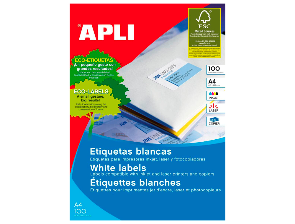 ETIQUETA ADHESIVA APLI 1272 TAMAÑO 70X35 MM FOTOCOPIAODRA LASER INK-JET CAJA CON 100 HOJAS DIN A4