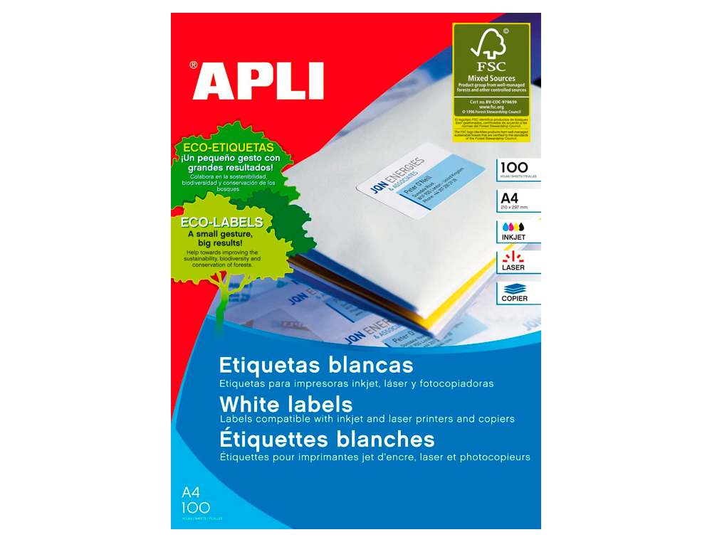 ETIQUETA ADHESIVA APLI 1273 TAMAÑO 70X37 MM FOTOCOPIADORA LASER INK-JET CAJA CON 100 HOJAS DIN A4