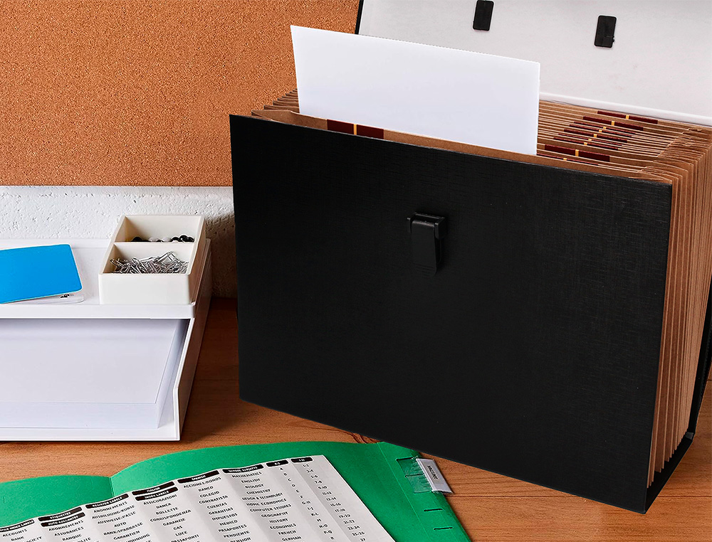 MALETIN LIDERPAPEL CON FUELLE Y ASA CARTON FORRADO 19 DEPARTAMENTOS 255X390X120 MM COLORES SURTIDOS