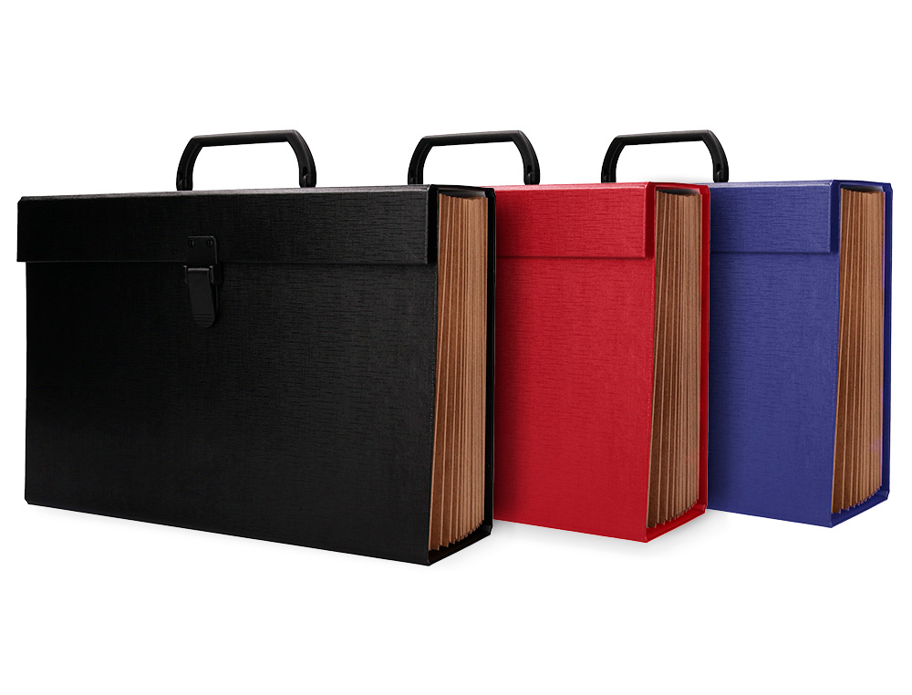 MALETIN LIDERPAPEL CON FUELLE Y ASA CARTON FORRADO 19 DEPARTAMENTOS 255X390X120 MM COLORES SURTIDOS