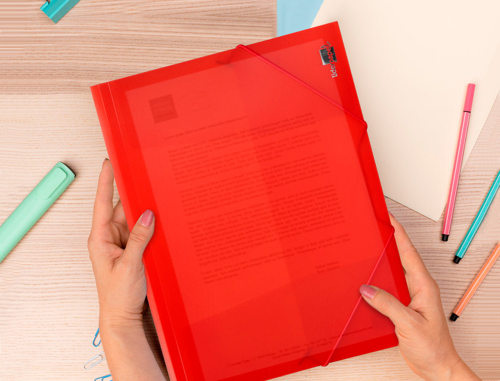 CARPETA LIDERPAPEL GOMAS TRES SOLAPAS POLIPROPILENO DIN A4 COLOR ROJO TRANSLUCIDO
