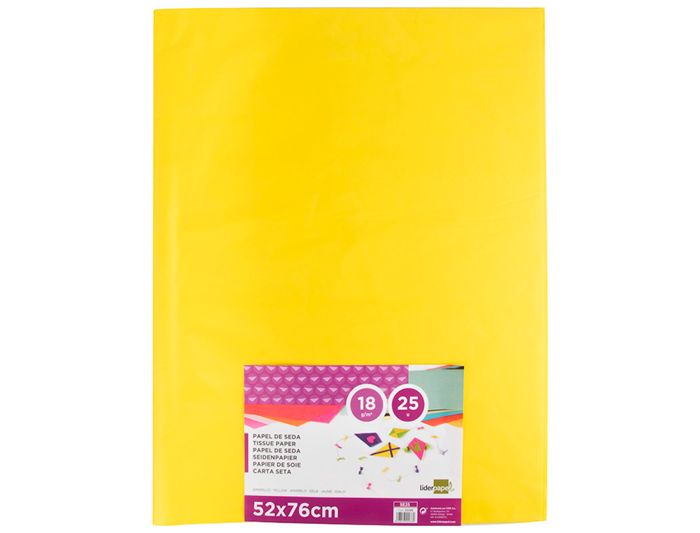 PAPEL SEDA LIDERPAPEL AMARILLO 52X76 CM 18 GR PAQUETE DE 25 HOJAS