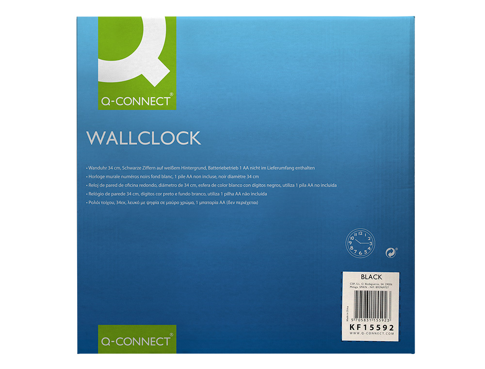 RELOJ Q-CONNECT DE PARED PLASTICO OFICINA REDONDO 34 CM MARCO NEGRO