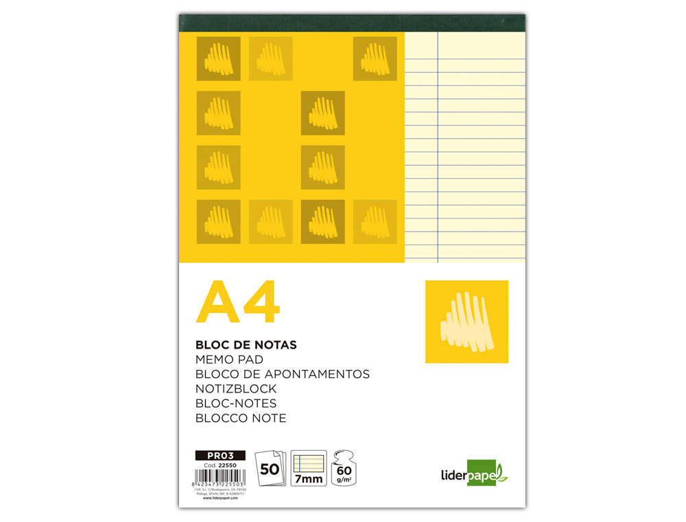 BLOC NOTAS LIDERPAPEL ENCOLADO A4 RAYADO HORIZONTAL 50 HOJAS 80 GR COLOR AMARILLO