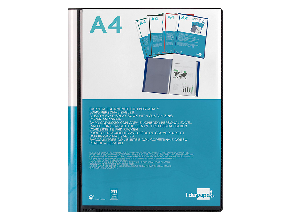CARPETA LIDERPAPEL PERSONALIZA 37715 20 FUNDAS CANGURO POLIPROPILENO DIN A4 NEGRA PORTADA Y LOMO PERSONALIZABLE