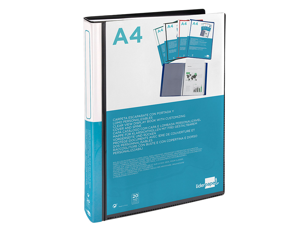 CARPETA LIDERPAPEL PERSONALIZA 37715 20 FUNDAS CANGURO POLIPROPILENO DIN A4 NEGRA PORTADA Y LOMO PERSONALIZABLE