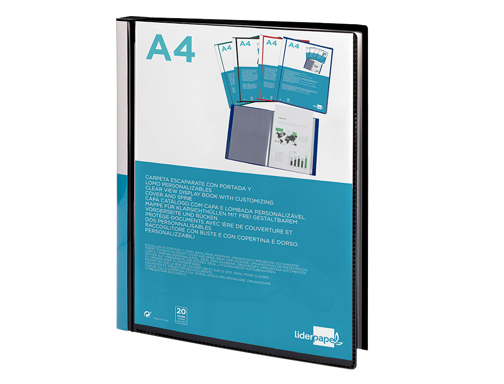 CARPETA LIDERPAPEL PERSONALIZA 37715 20 FUNDAS CANGURO POLIPROPILENO DIN A4 NEGRA PORTADA Y LOMO PERSONALIZABLE