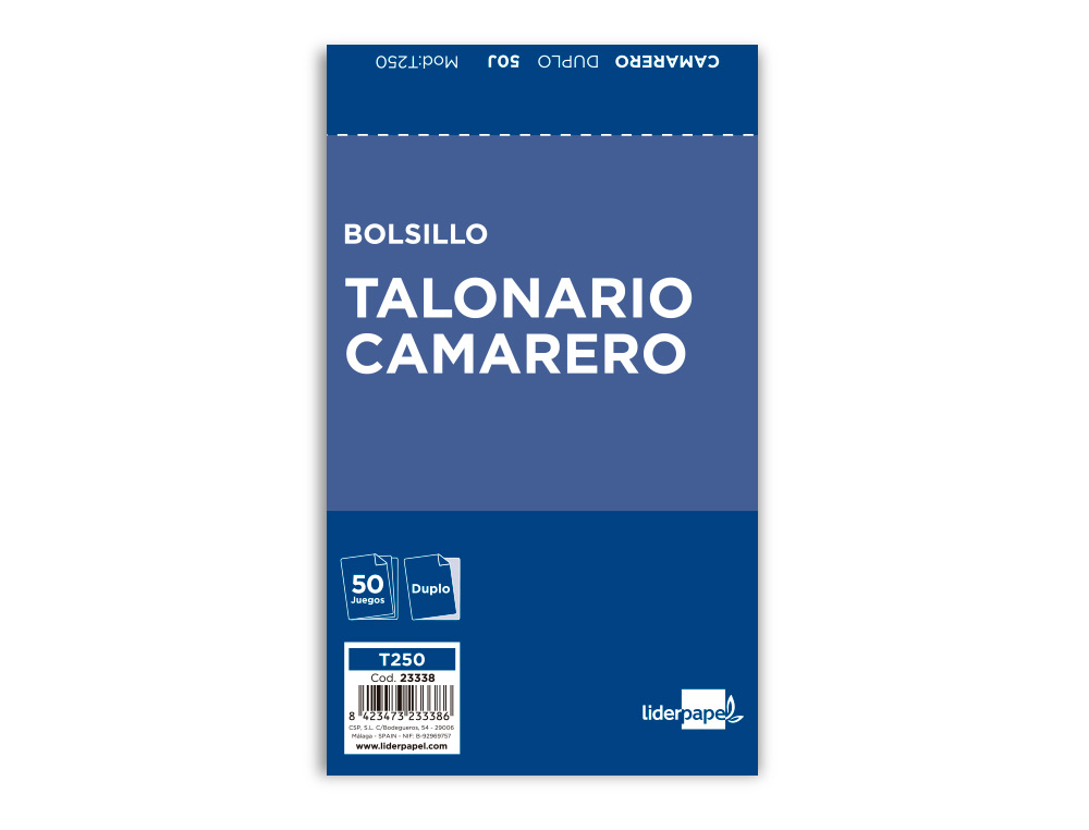 TALONARIO LIDERPAPEL CAMARERO BOLSILLO ORIGINAL Y COPIA T250