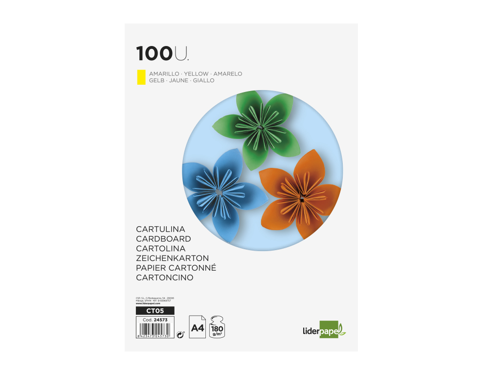 CARTULINA LIDERPAPEL A4 180G/M2 AMARILLO PAQUETE DE 100 HOJAS
