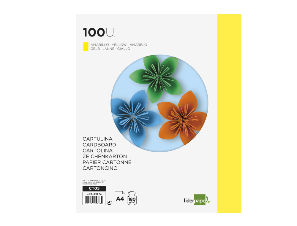 CARTULINA LIDERPAPEL A4 180G/M2 AMARILLO PAQUETE DE 100 HOJAS