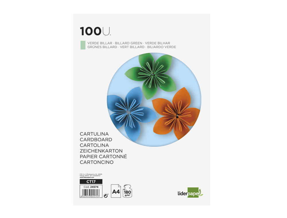 CARTULINA LIDERPAPEL A4 180G/M2 VERDE PAQUETE DE 100 HOJAS