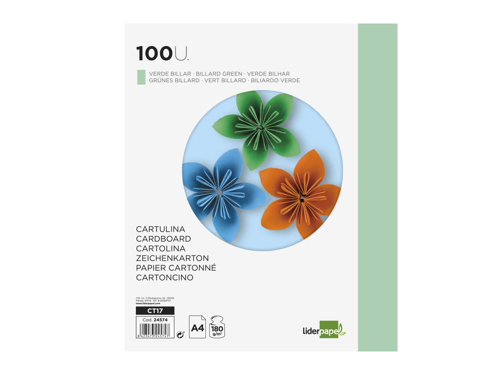 CARTULINA LIDERPAPEL A4 180G/M2 VERDE PAQUETE DE 100 HOJAS