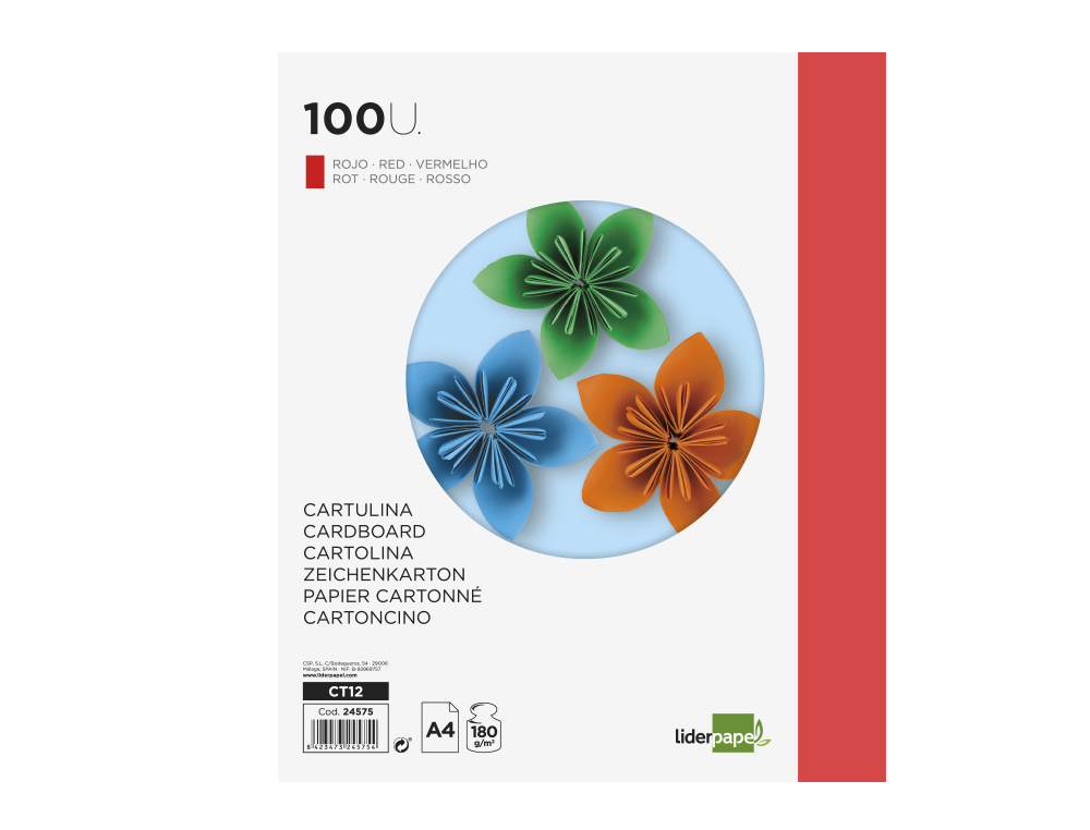 CARTULINA LIDERPAPEL A4 180G/M2 ROJO PAQUETE DE 100 HOJAS