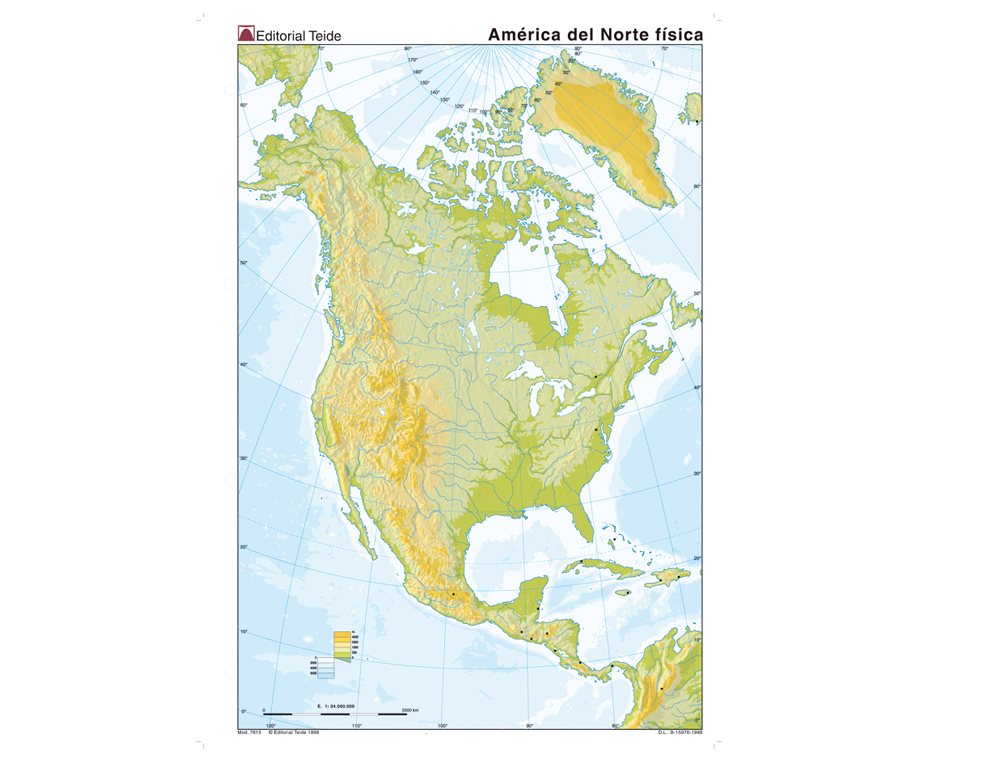 MAPA MUDO COLOR DIN A4 AMERICA DEL NORTE FISICO