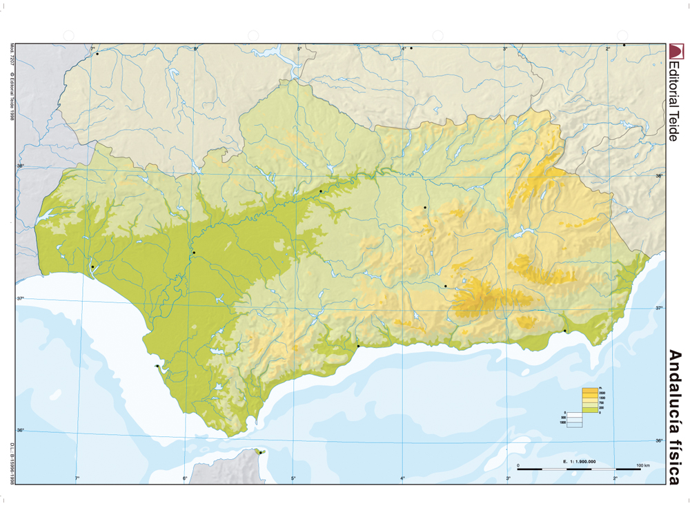 MAPA MUDO COLOR DIN A4 ANDALUCIA FISICO