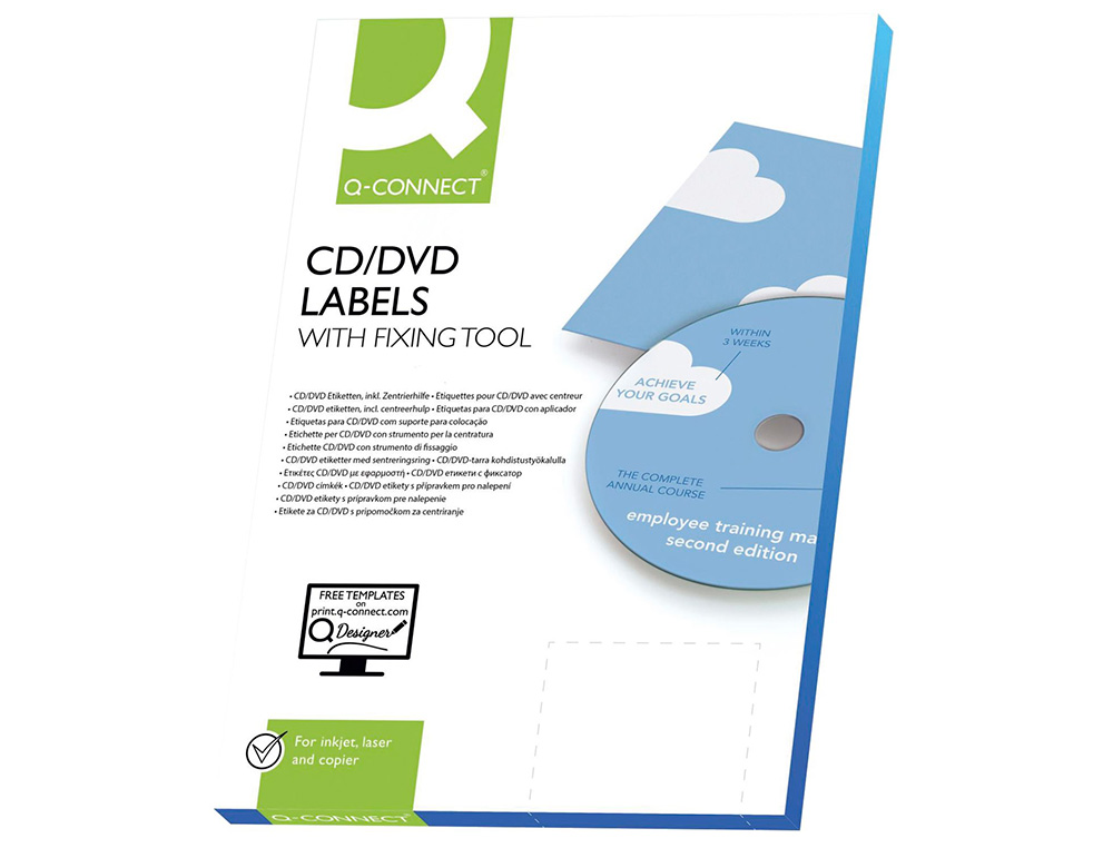 ETIQUETA ADHESIVA Q-CONNECT KF01579 -TAMAÑO CD-ROM -FOTOCOPIADORA -LASER -INK-JET-CAJA CON 25 H/50 ETIQUETAS