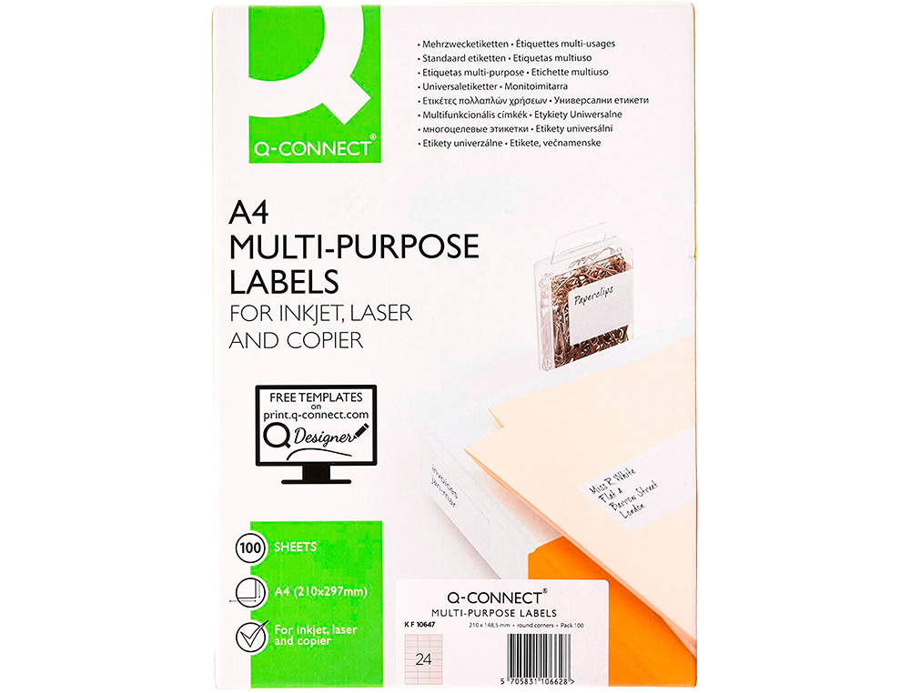 ETIQUETA ADHESIVA Q-CONNECT KF10647 TAMAÑO 70X37 MM FOTOCOPIADORA LASER INK-JET CAJA CON 100 HOJAS DIN A4