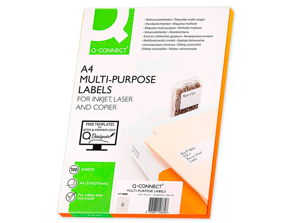 ETIQUETA ADHESIVA Q-CONNECT KF10659 TAMAÑO 105X74 MM FOTOCOPIADORA LASER INK-JET CAJA CON 100 HOJAS DIN A4
