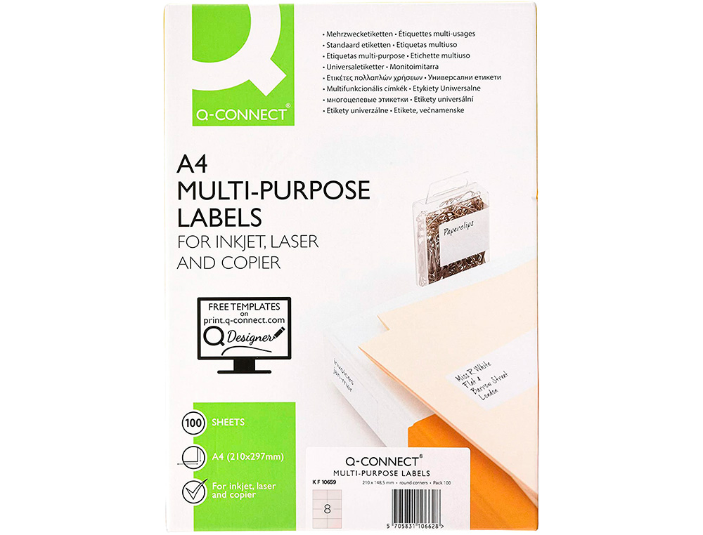 ETIQUETA ADHESIVA Q-CONNECT KF10659 TAMAÑO 105X74 MM FOTOCOPIADORA LASER INK-JET CAJA CON 100 HOJAS DIN A4