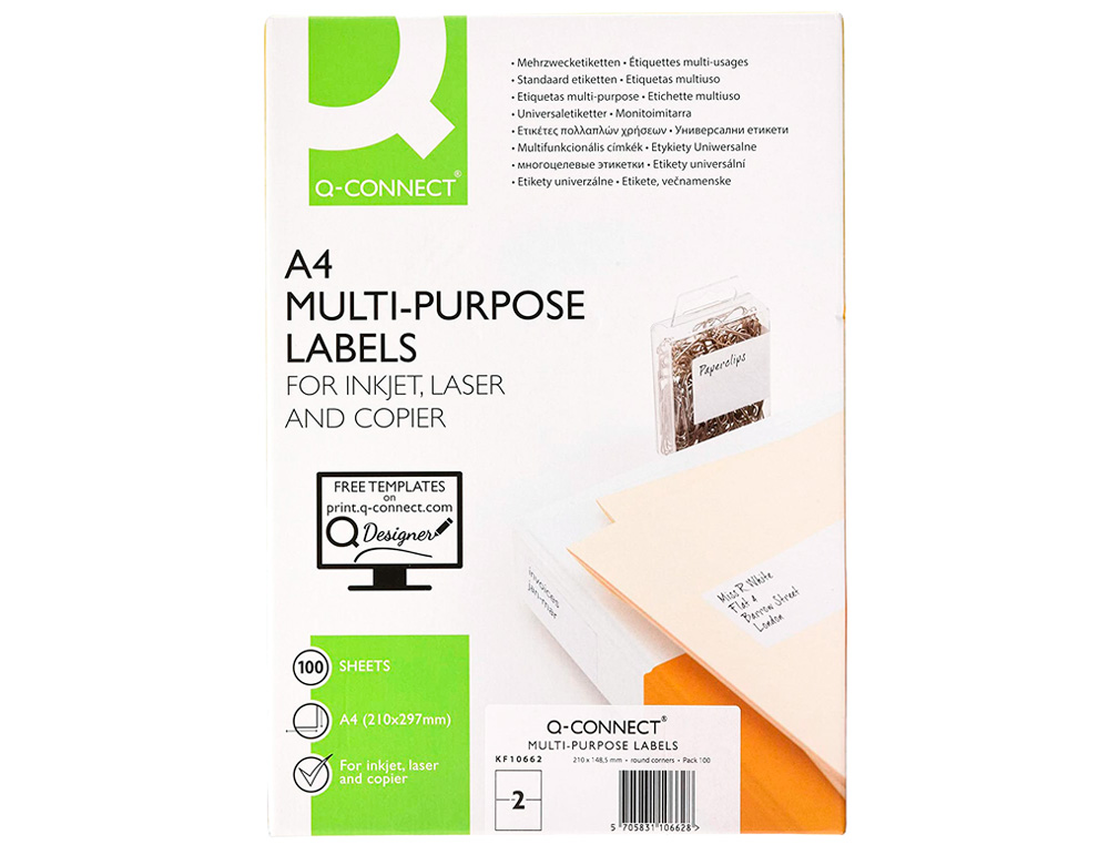 ETIQUETA ADHESIVA Q-CONNECT KF10662 TAMAÑO 210X148,5 MM FOTOCOPIADORA LASER INK-JET CAJA CON 100 HOJAS DIN A4