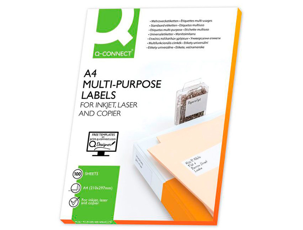 ETIQUETA ADHESIVA Q-CONNECT KF10664 TAMAÑO 210X297 MM FOTOCOPIADORA LASER INK-JET CAJA CON 100 HOJAS DIN A4