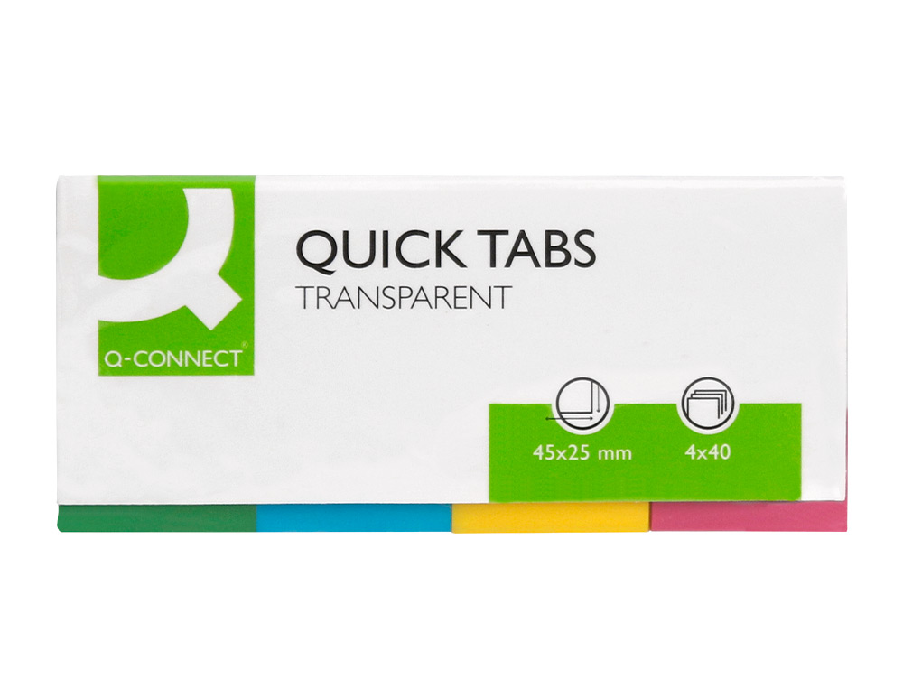 BANDERITAS SEPARADORAS Q-CONNECT 25X45 MM TRANSPARENTES Y COLOR PACK DE 4 CON 40 HOJAS