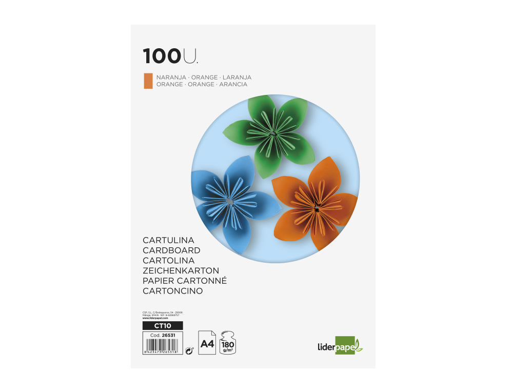 CARTULINA LIDERPAPEL A4 180G/M2 NARANJA FUERTE PAQUETE DE 100 HOJAS