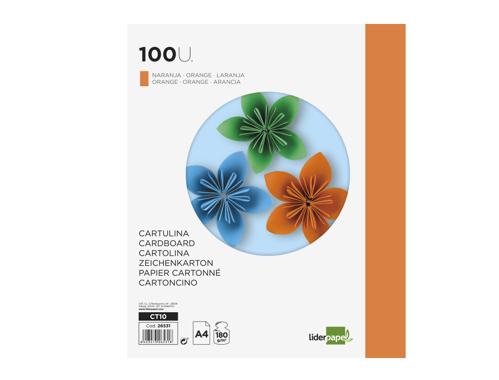CARTULINA LIDERPAPEL A4 180G/M2 NARANJA FUERTE PAQUETE DE 100 HOJAS