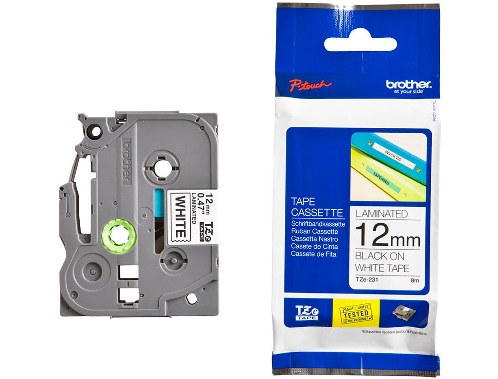 CINTA BROTHER TZE-231 BLANCO-NEGRO 12MM LONGITUD 8 MT