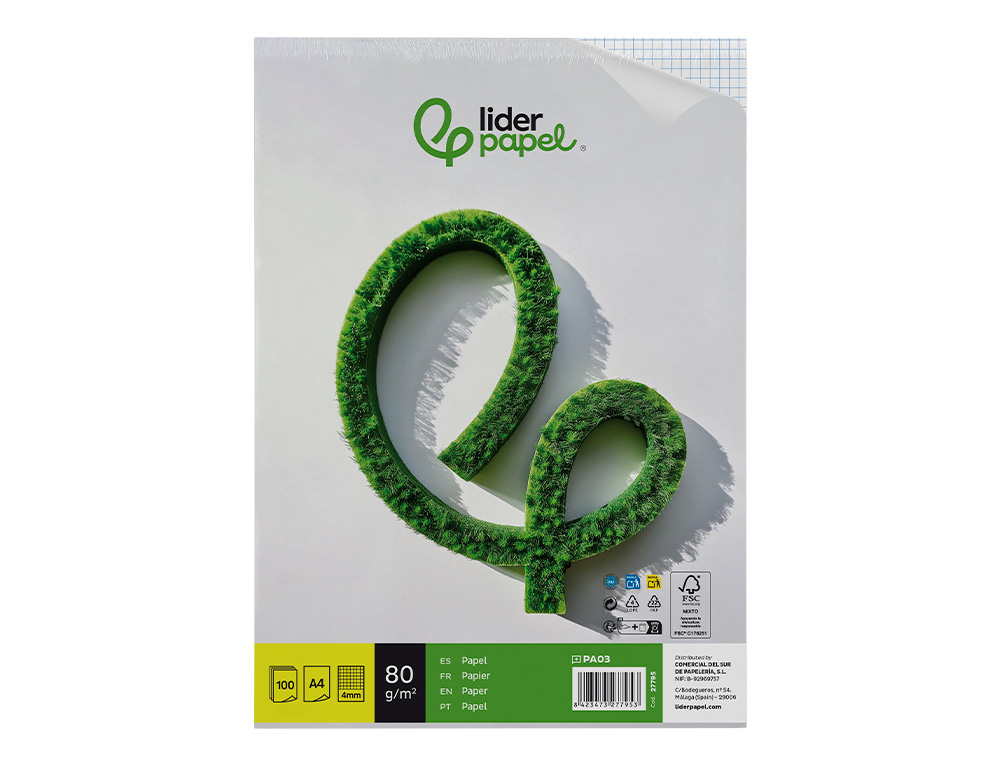 PAPEL LIDERPAPEL A4 80G/M2 SIN TALADROS CUADRO 4 MM PAQUETE DE 100 HOJAS